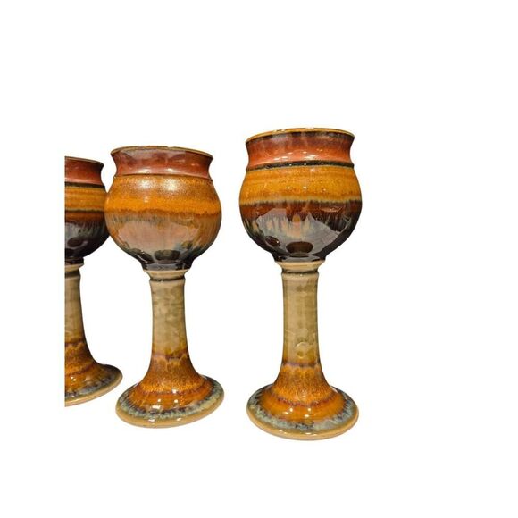 Studio Pottery Wine Goblets/Chalices (4) Hand Crafted Artist JT Brown Cream 7" - Picture 7 of 16